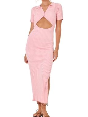 L*Space Lena Dress in Pink Size XS Ribbed Knit Cut Out Collared Midi Side Slit